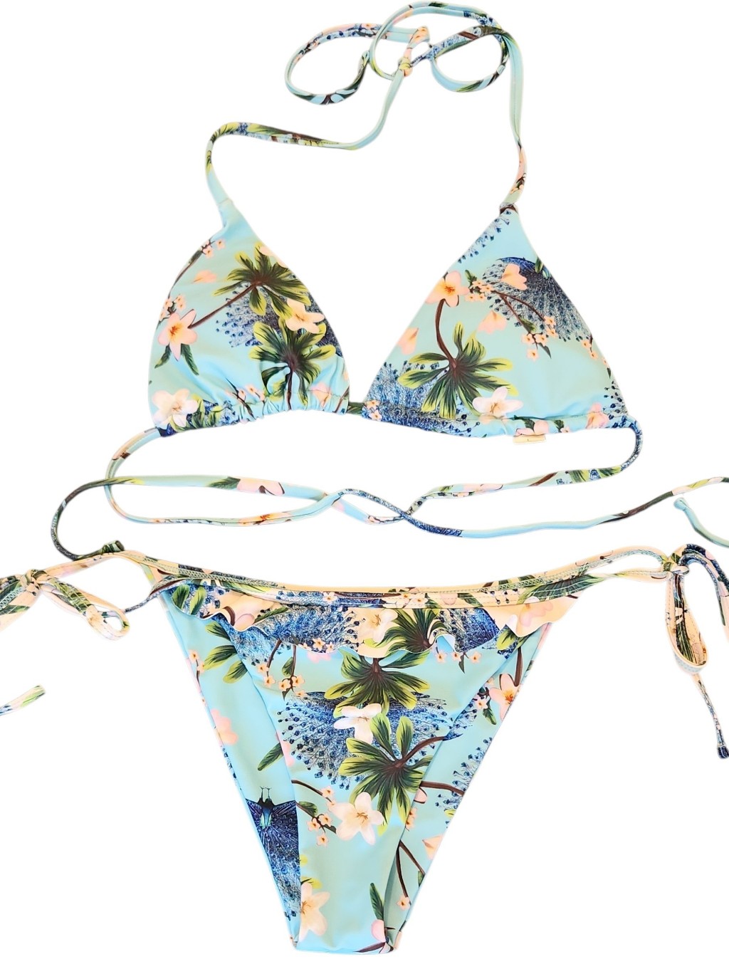 Tropical Peacock Floral Triangle Ruffle Cheeky Bikini Light Blue Vaca Pool, L